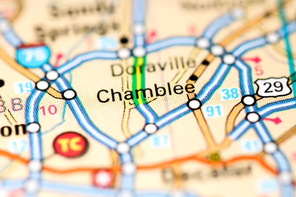 A map depicting the location of Chamblee, Georgia as well as surrounding cities and roads.